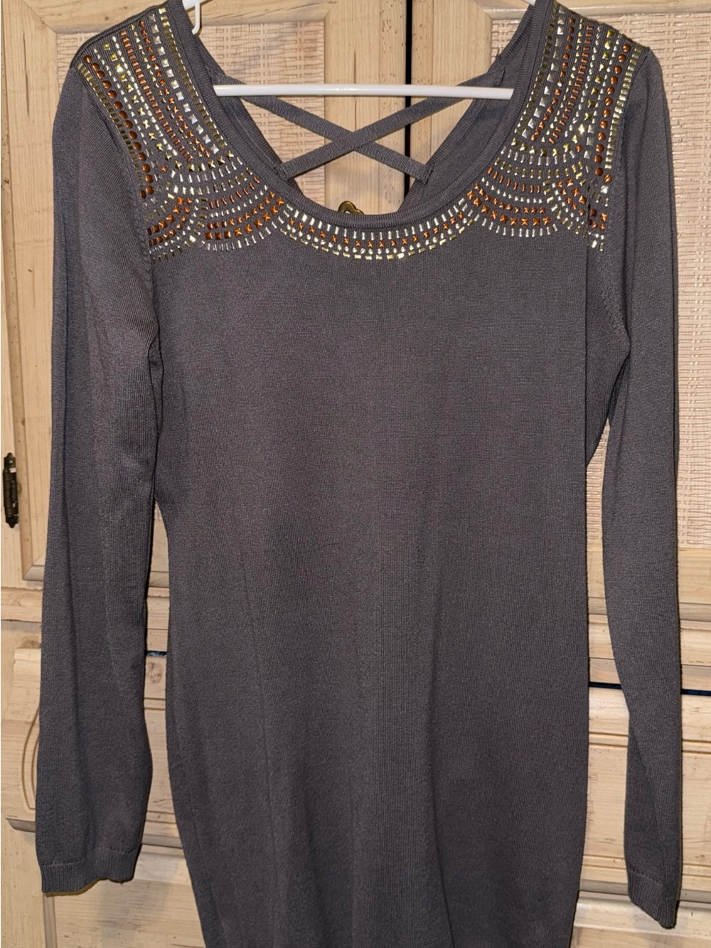 Embellished Charcoal Gray Long Sleeve Knit Top with Crisscross Back